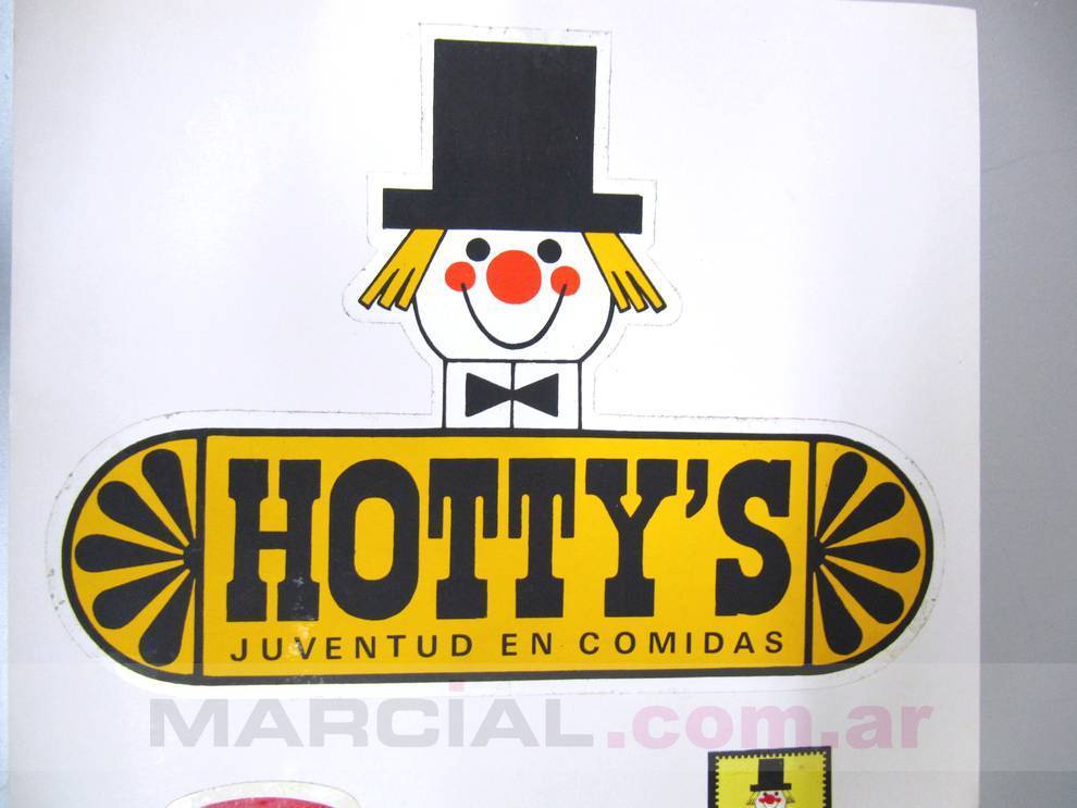 Calcomanía de la casa de comidas rápidas Hotty's del año 1975. Fue una de las pioneras del fast food en Argentina con sus clásicos sandwichs sellados. 
